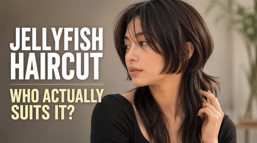 a woman with a jellyfish haircut and bold text asking who actually suits the jellyfish haircut trend.
