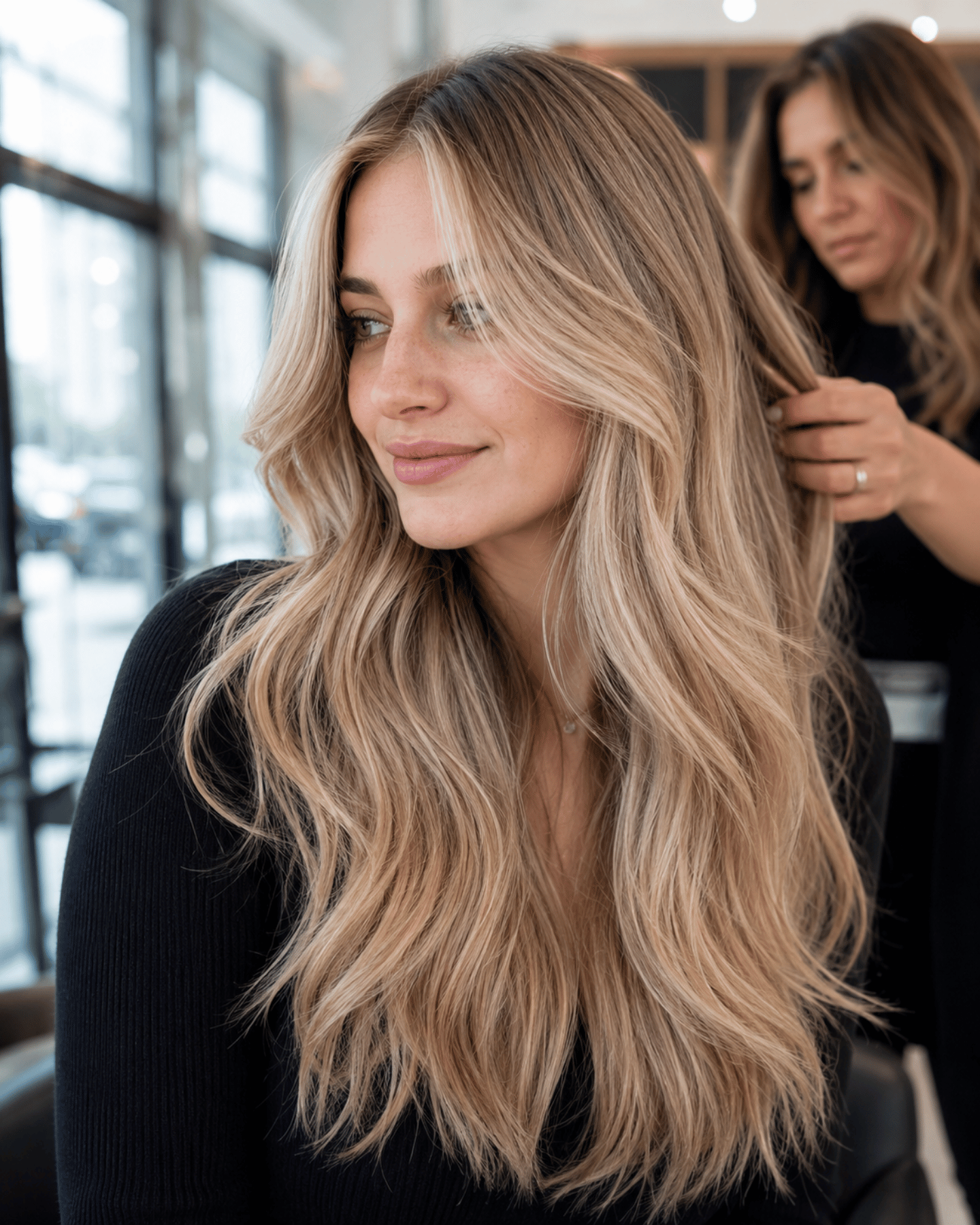 Light sandy blonde hair with champagne and beige tones showing bright natural blonde dimension in salon daylight
