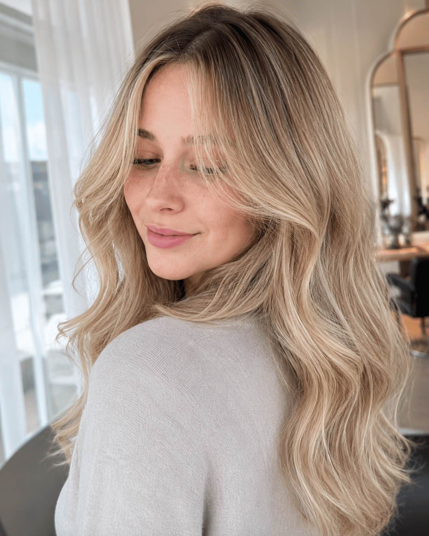 Light sandy blonde hair with champagne and beige tones showing soft dimensional blonde color in natural salon lighting
