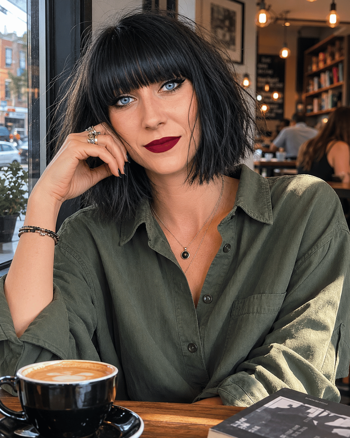 Woman wearing a messy French bob haircut with soft texture, piece-y layers, and natural movement in a casual café setting.