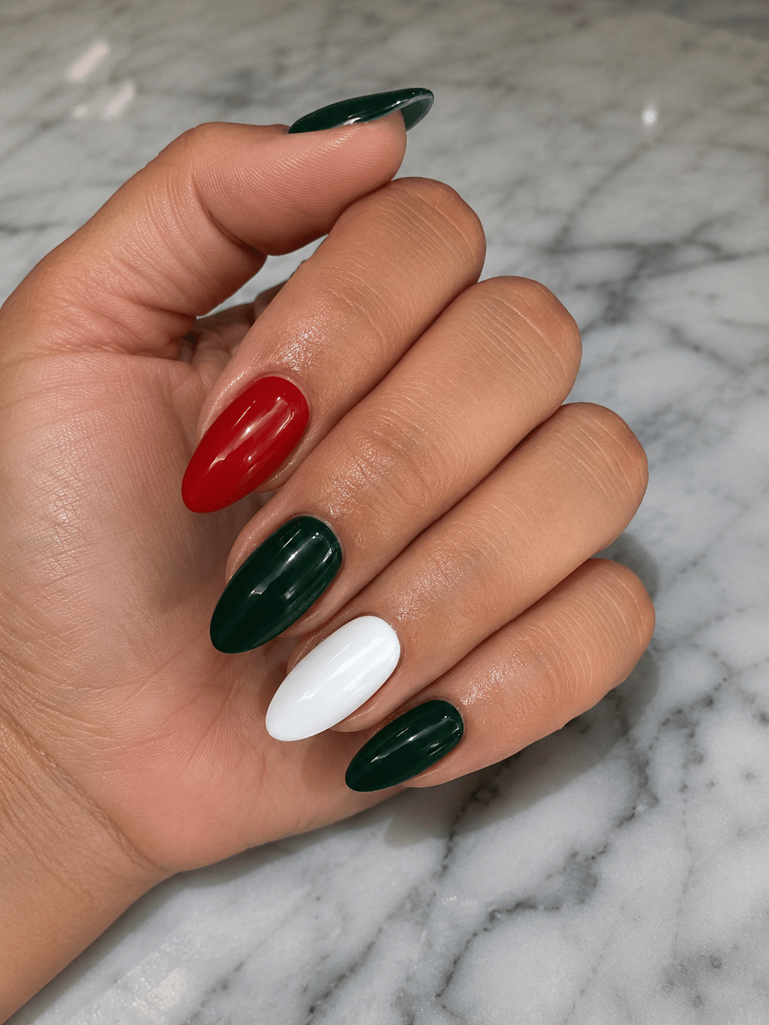 Mexico El Tri almond nails with deep forest green as the dominant color, white accent nail and red accent nail for FIFA World Cup 2026.