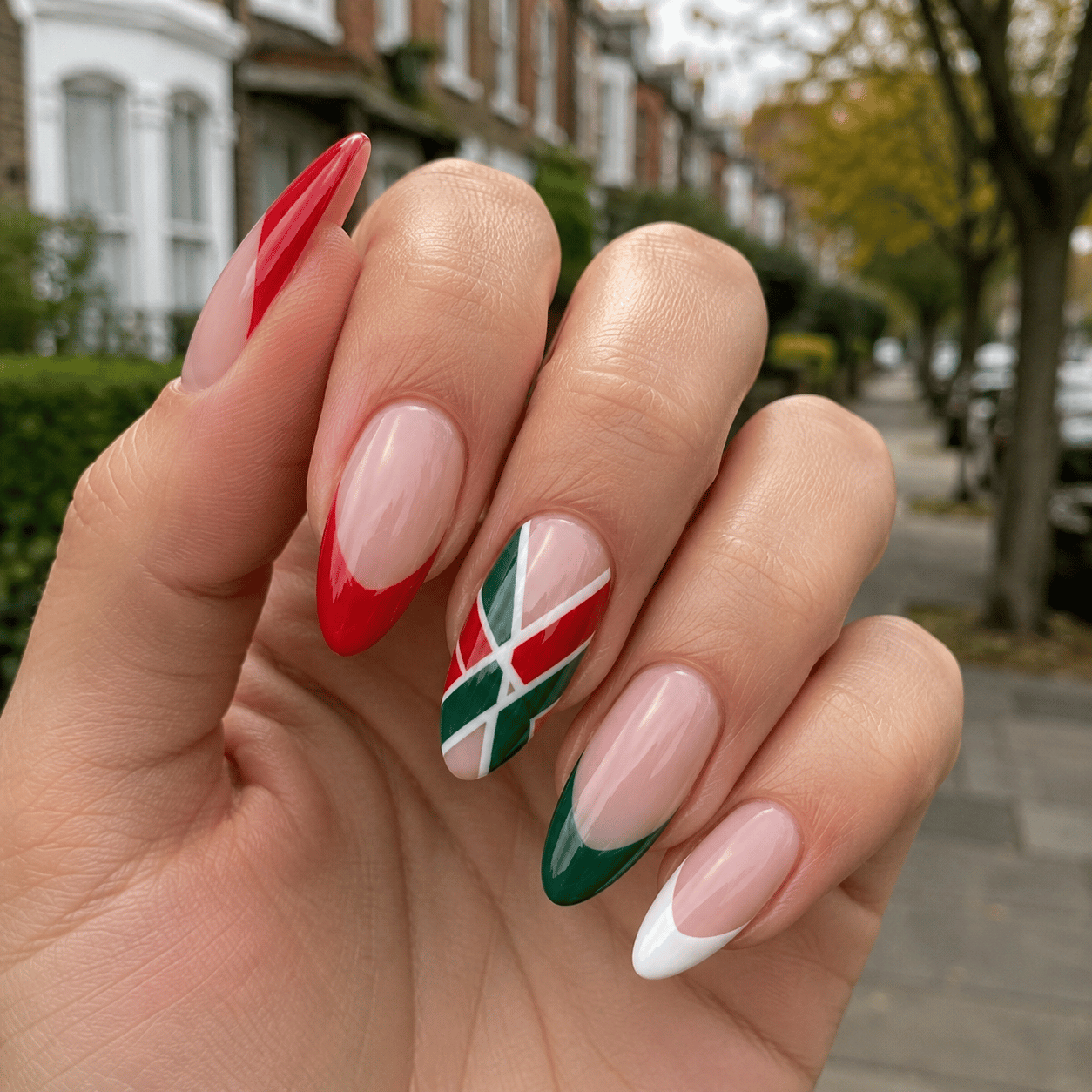Mexico match day football nails featuring green white and red French tip nail art with modern supporter-inspired manicure design.