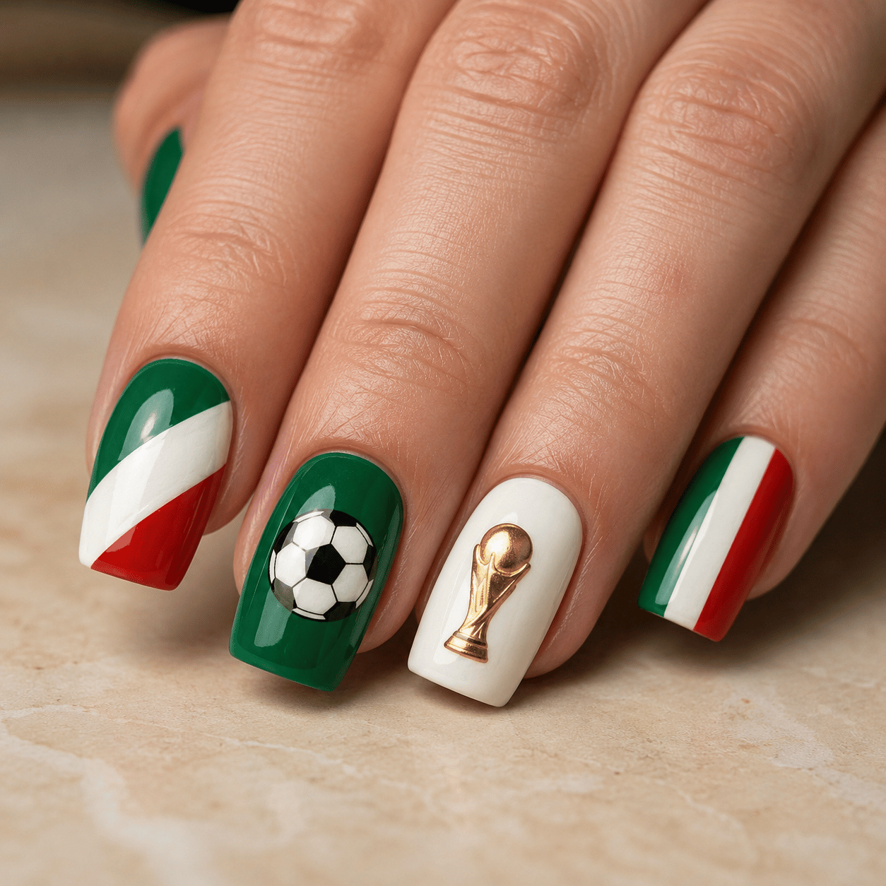 Mexico match day football nails featuring green white and red nail art with soccer ball accents and gold trophy details.