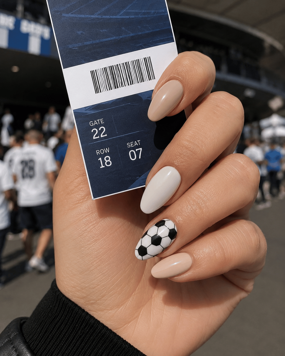 Mini football accent nails featuring a single soccer ball design paired with neutral nude nails and a modern minimalist manicure.