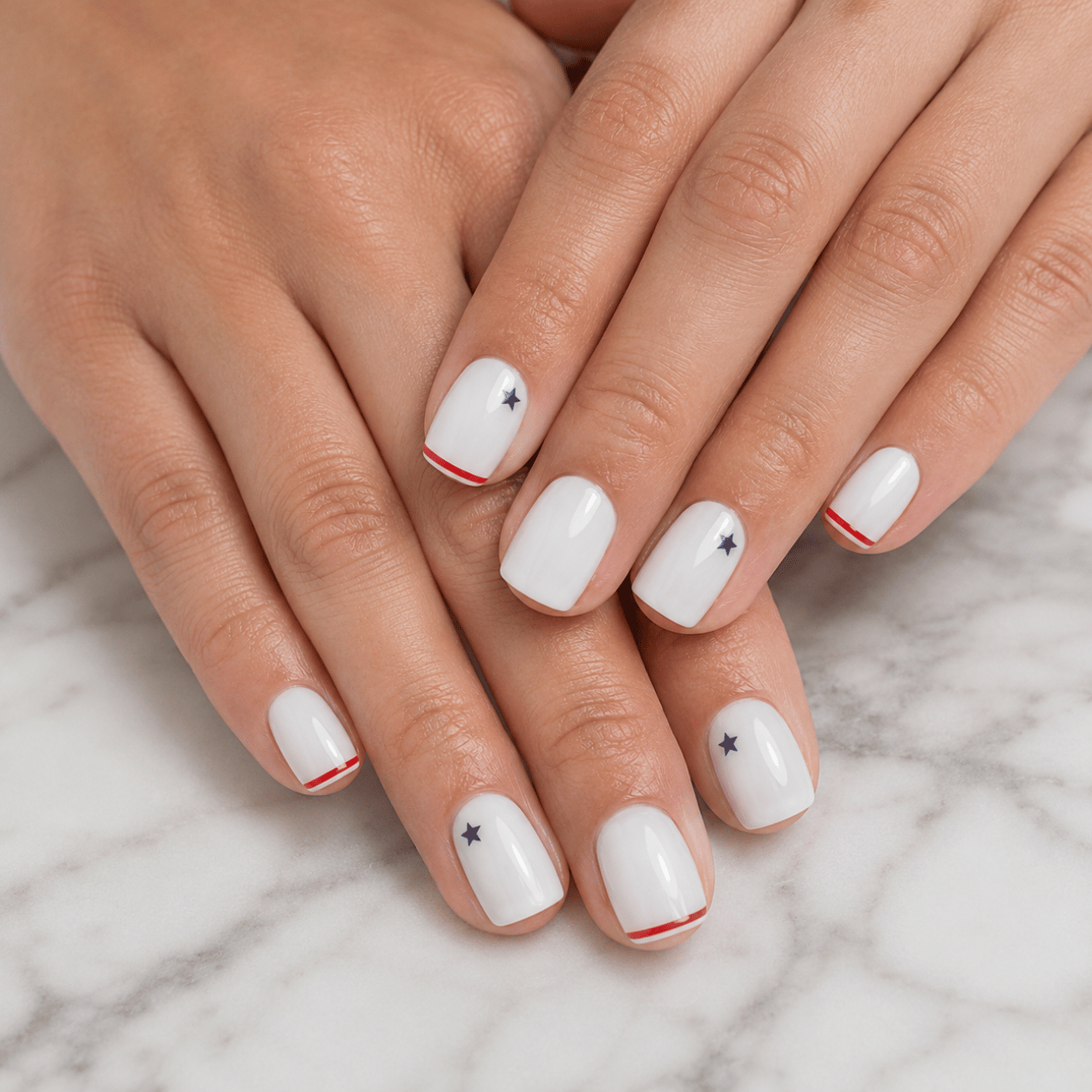 Minimal USA soccer nail art with white nails, micro red stripe accents and tiny blue stars on short square nails