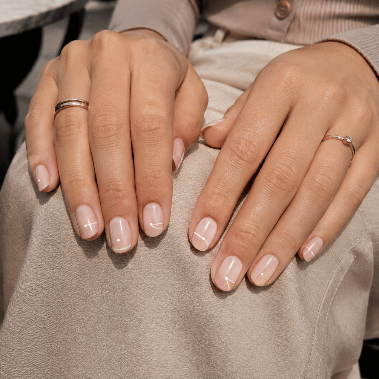 Minimalist penalty mark nails featuring subtle football field inspired details with modern negative space nail art.