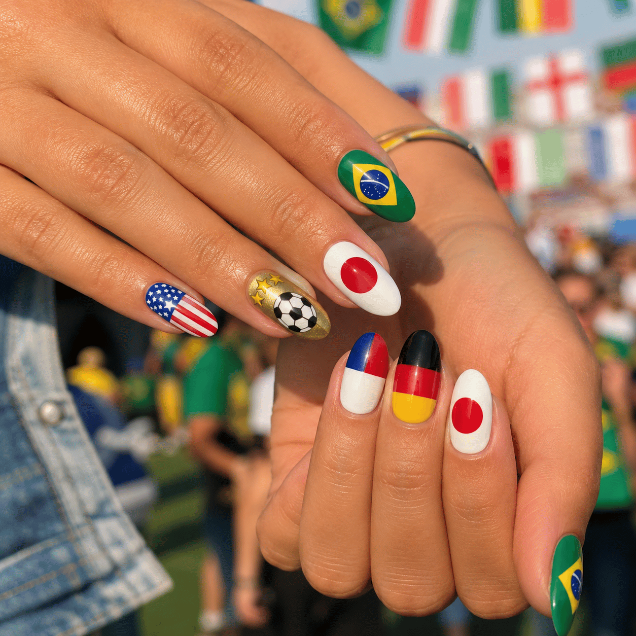 Multi-team World Cup nails featuring Brazil, USA, Japan, Germany, and France flag nail art with a soccer ball accent nail at an international football fan zone.
