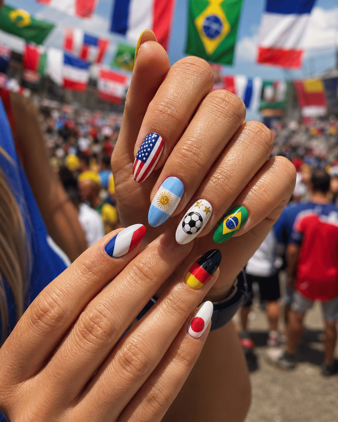 Multi-team World Cup nails featuring country flag nail art inspired by international football teams and tournament celebrations.