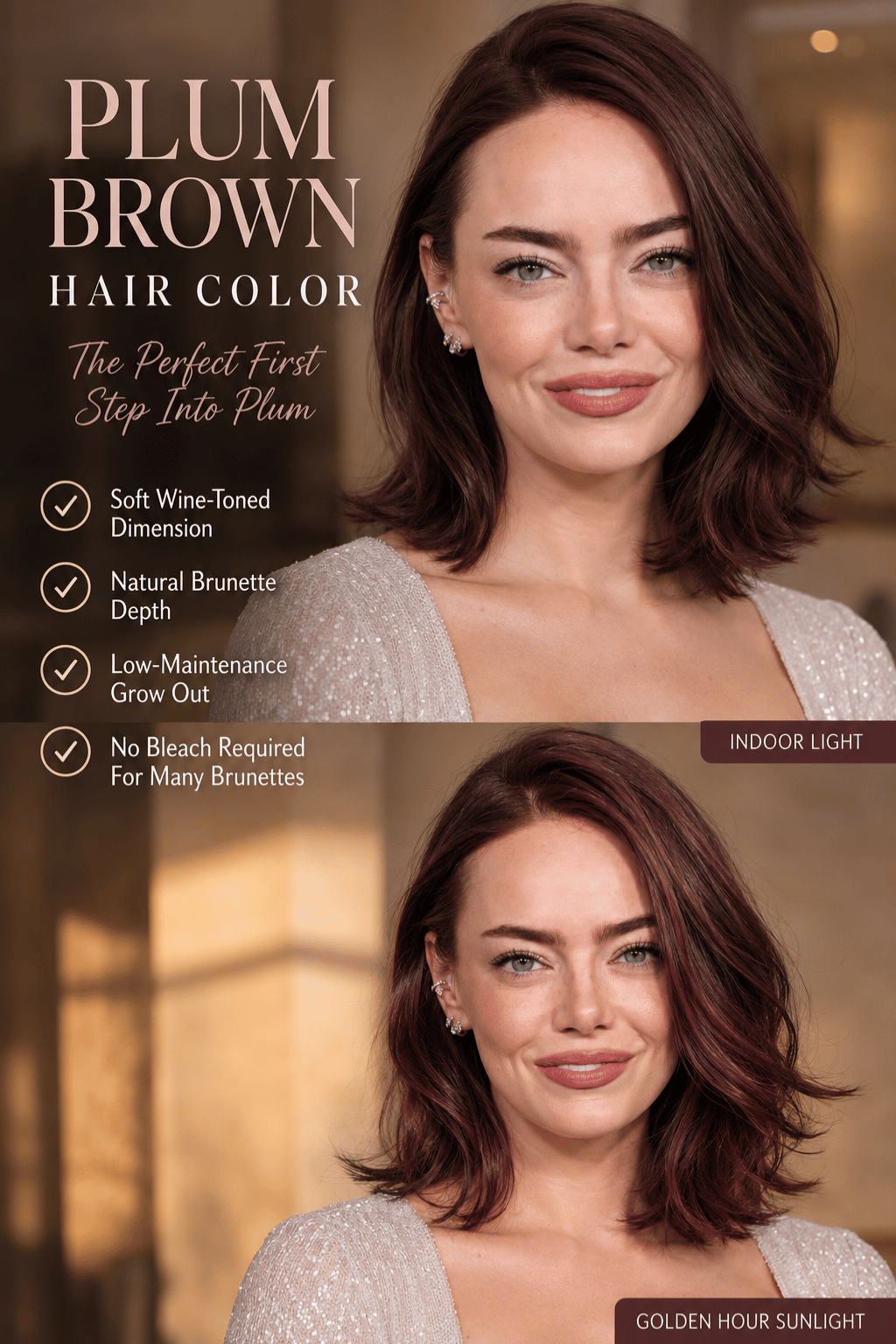 Woman with plum brown hair color featuring subtle wine-toned brunette highlights and natural dimension on medium brown hair.
