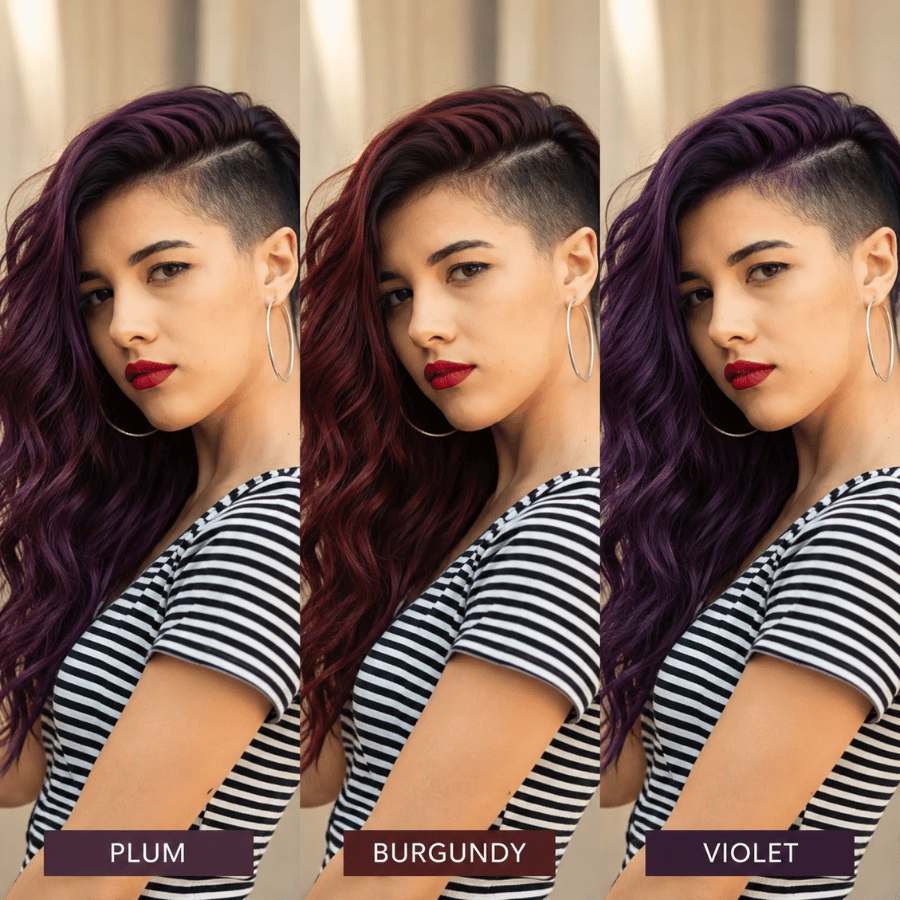 Side-by-side comparison showing plum, burgundy, and violet hair colors on three women with similar hairstyles and lighting.