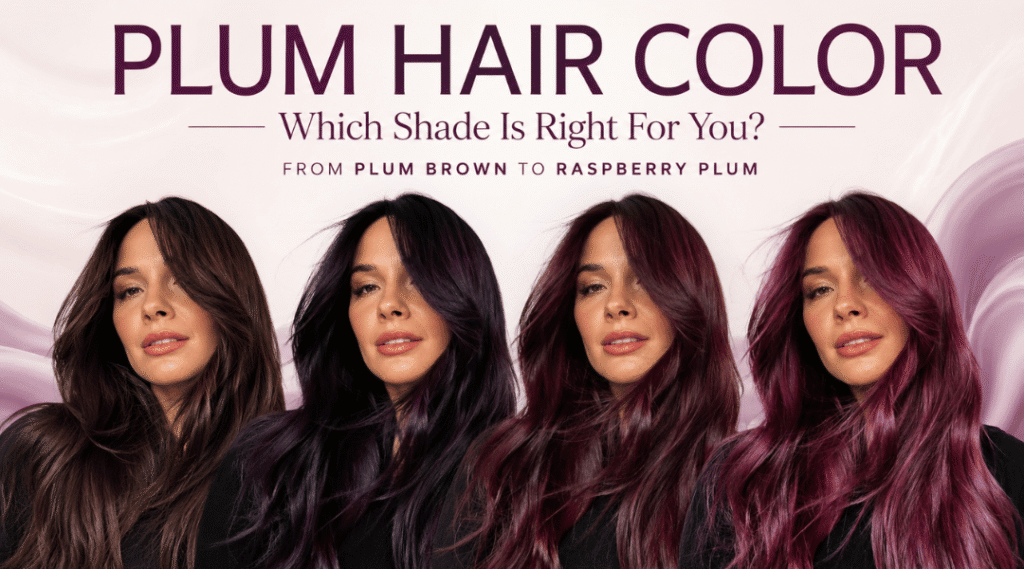 Featured image showing multiple plum hair color shades including dark plum, burgundy plum, black cherry, and vivid raspberry plum on the same woman.