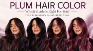 Featured image showing multiple plum hair color shades including dark plum, burgundy plum, black cherry, and vivid raspberry plum on the same woman.