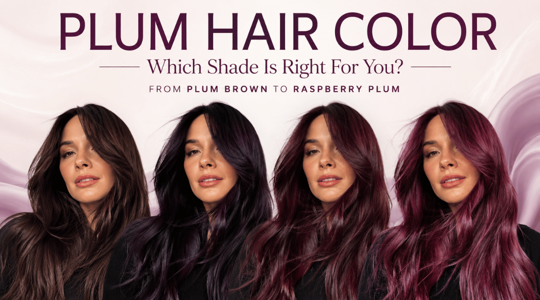 Featured image showing multiple plum hair color shades including dark plum, burgundy plum, black cherry, and vivid raspberry plum on the same woman.