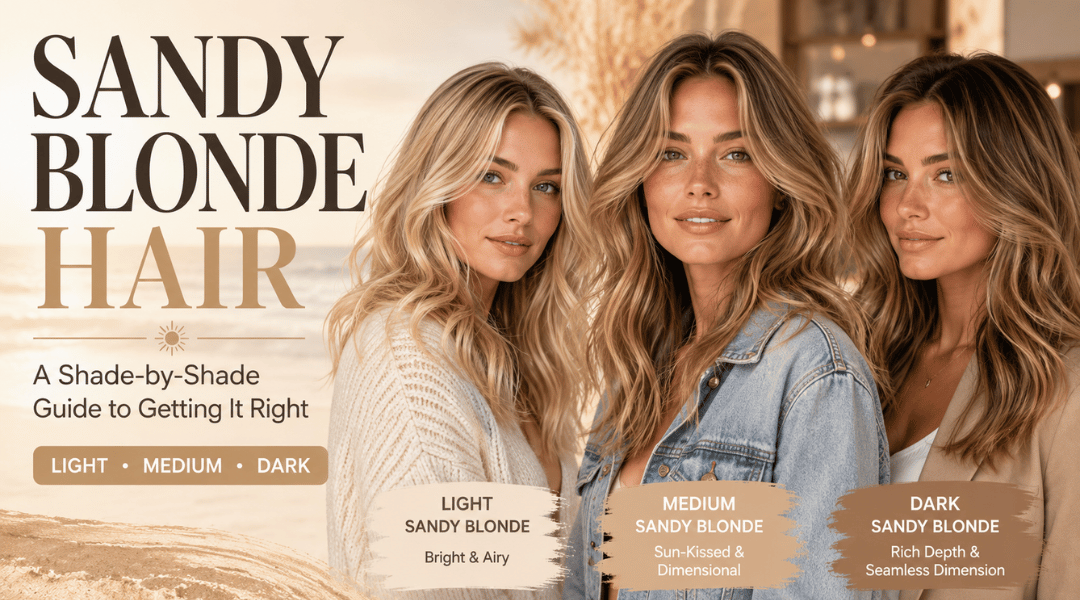 Featured image showing light, medium, and dark sandy blonde hair shades with article title overlay