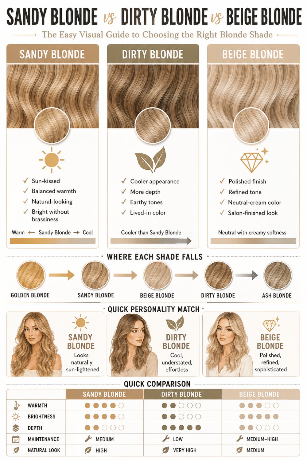 infographic comparing sandy blonde, dirty blonde, and beige blonde hair colors with tone, warmth, and depth differences