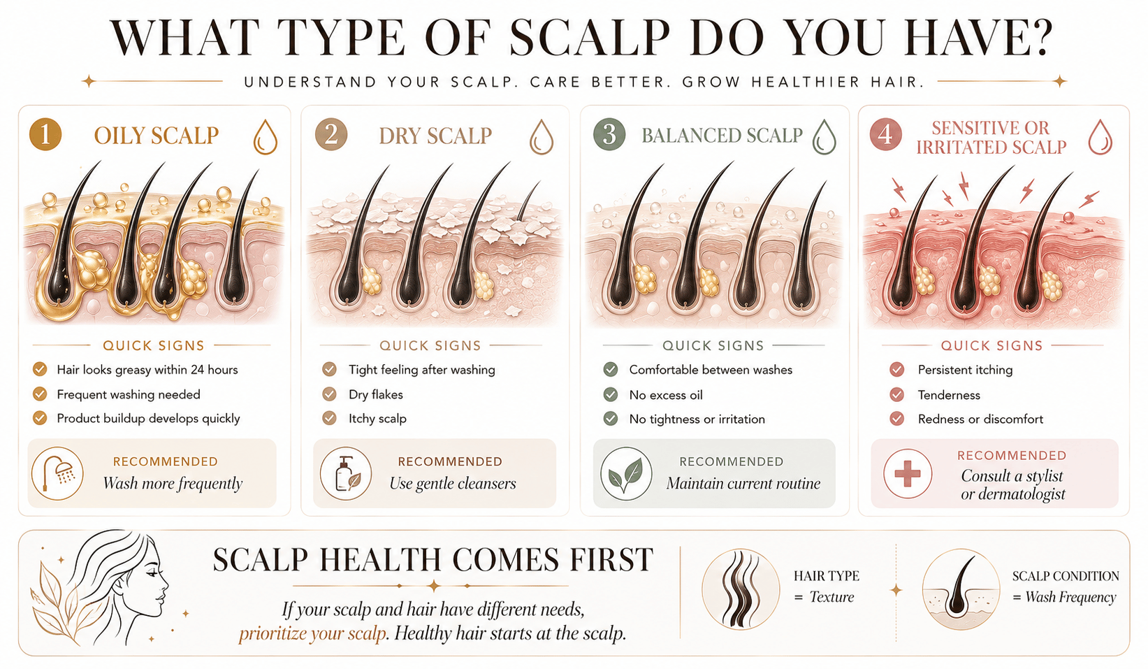 Scalp condition infographic comparing oily scalp, dry scalp, balanced scalp, and sensitive scalp with signs, characteristics, and care recommendations.