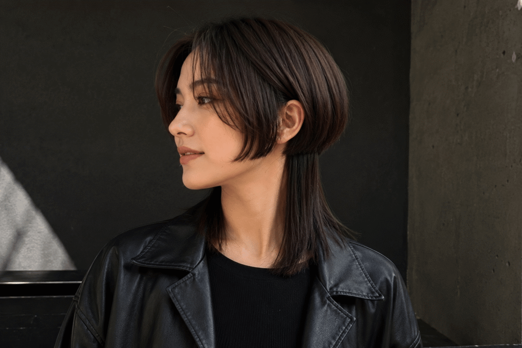 Short jellyfish haircut with an ear-length top layer and collarbone-length lower section creating a dramatic disconnected silhouette.