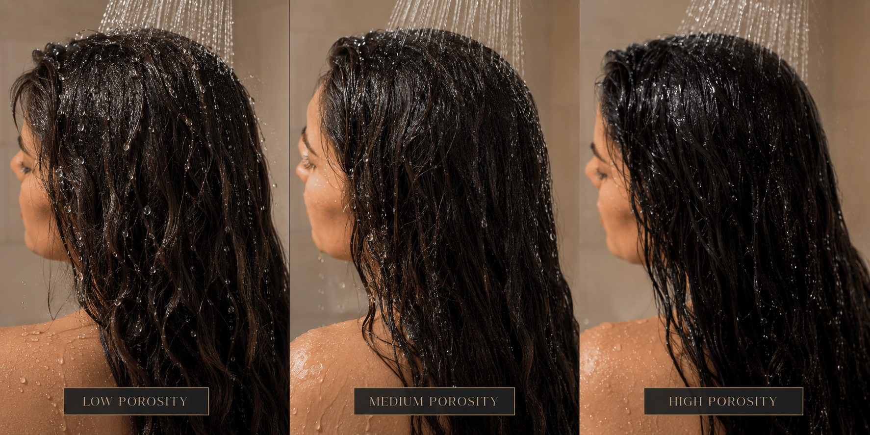 Comparison showing how low, medium, and high porosity hair absorb water differently during a shower test