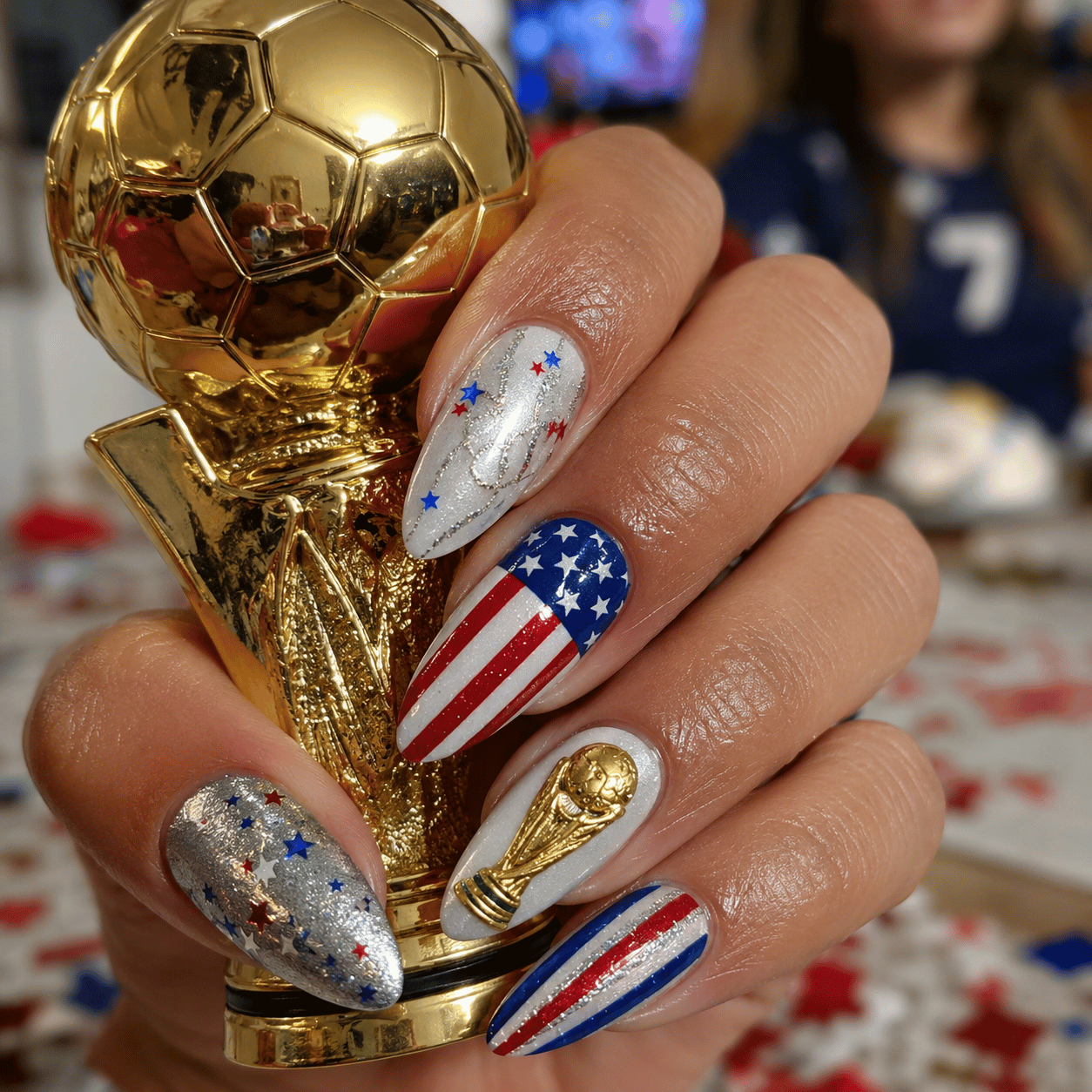 USA championship football nails featuring American flag nail art, gold trophy accents, silver chrome details, and patriotic red white blue manicure.