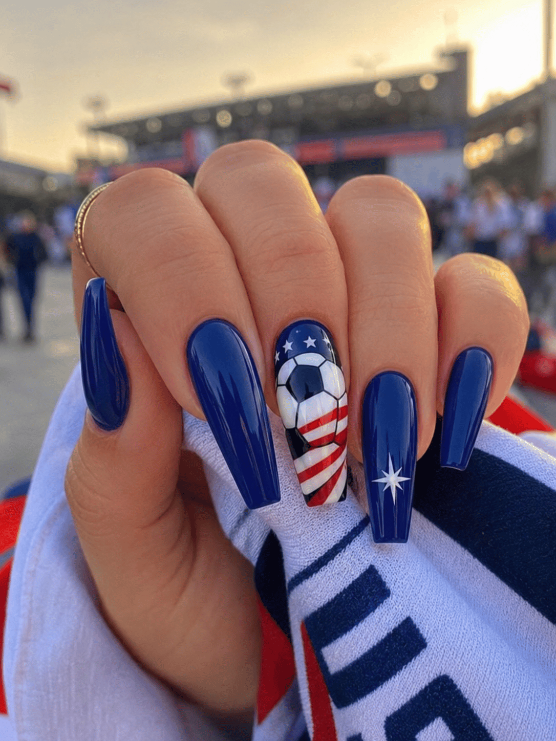 USA flag soccer ball coffin nails with cobalt blue polish and American soccer-inspired accent nail for FIFA World Cup 2026