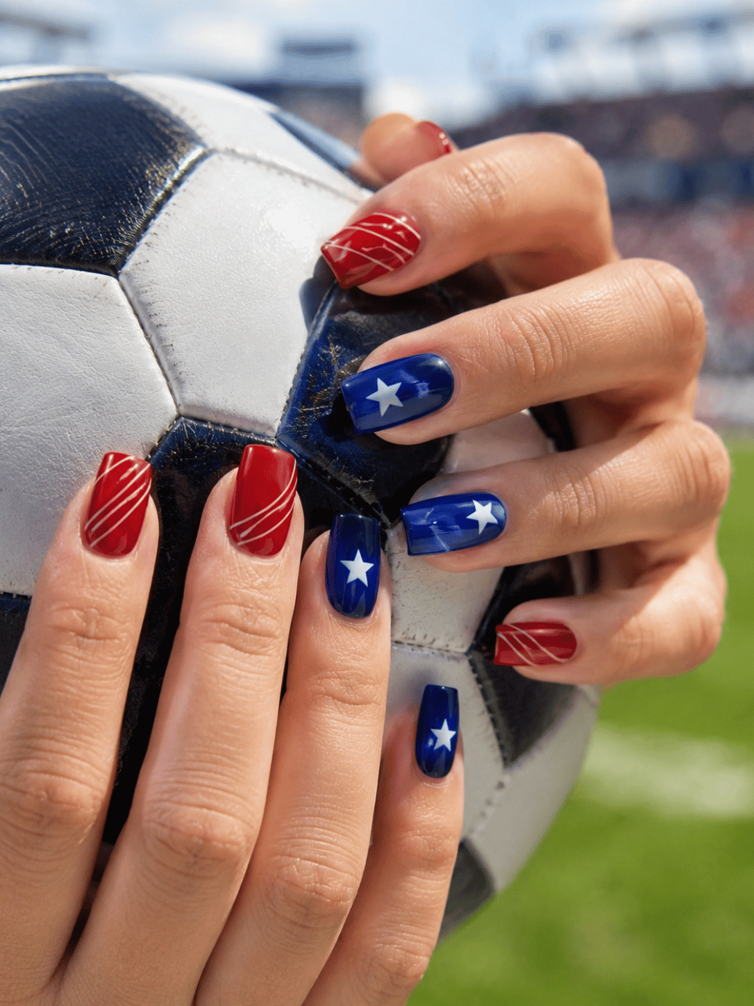 USA match day coffin nails with red and cobalt blue polish, white stripe accents and hand-painted stars for FIFA World Cup 2026