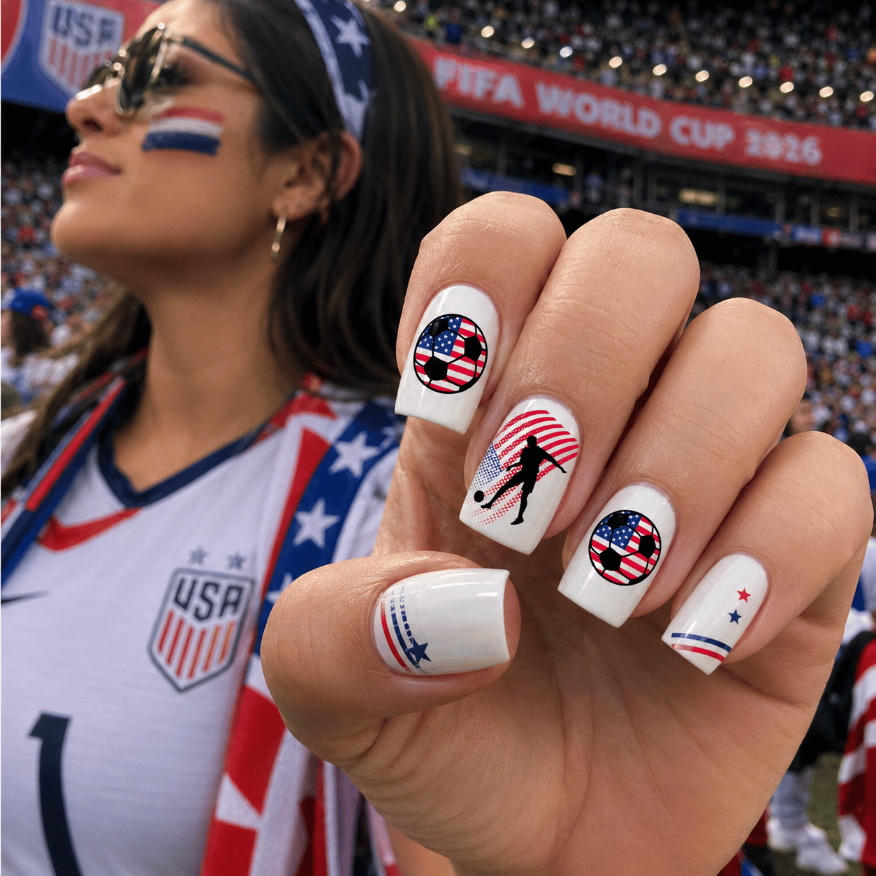 USA soccer spirit nails featuring American flag soccer ball nail art, football player silhouette design, and red white blue patriotic manicure.