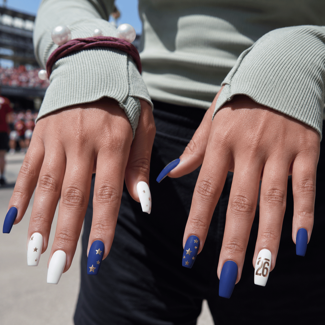 USA soccer coffin nails with cobalt blue and white polish, gold stars and metallic 26 accent for FIFA World Cup 2026