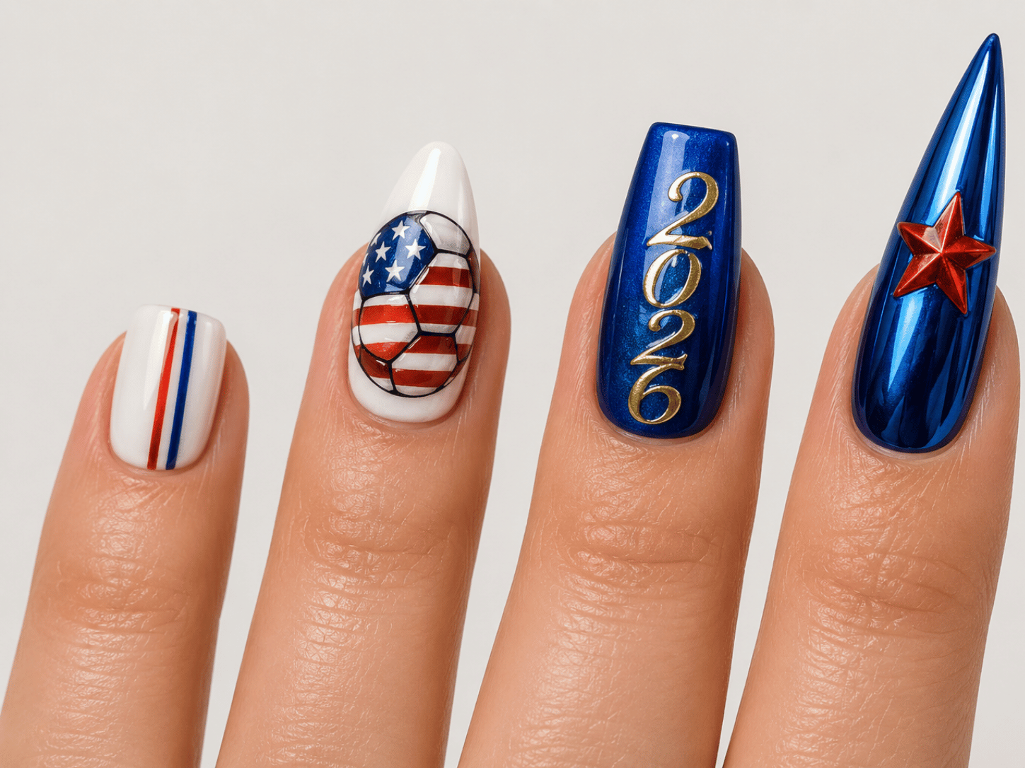 USA soccer nails by shape comparison featuring short square, almond, coffin, and stiletto nail designs with hand-painted patriotic nail art, soccer ball accents, metallic details, and salon-quality gel manicure