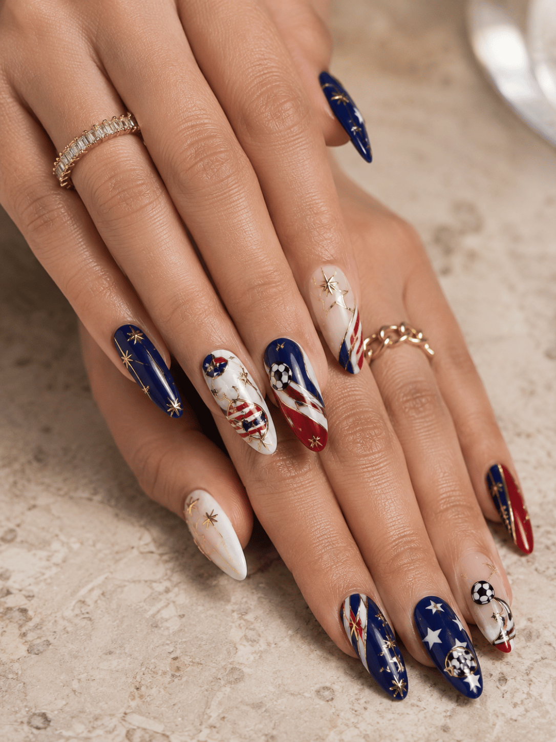 USA soccer nail ideas featuring hand-painted stars, stripes, soccer ball accents and metallic details for FIFA World Cup 2026