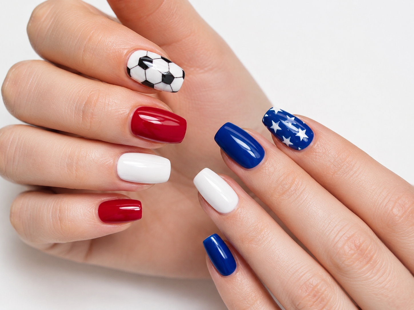 Red, white and blue USA soccer coffin nails with hand-painted soccer ball accent and star details for FIFA World Cup 2026