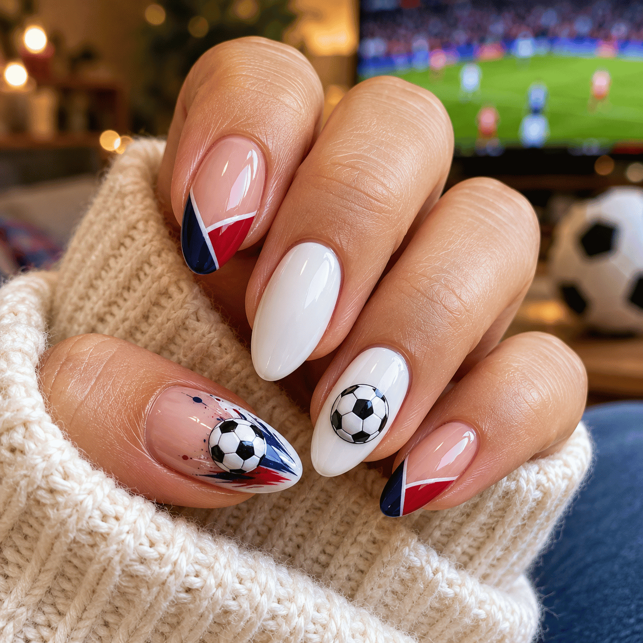 USA soccer spirit nails featuring minimalist football nail art with soccer ball accents, patriotic red and blue details, and glossy almond-shaped manicure.