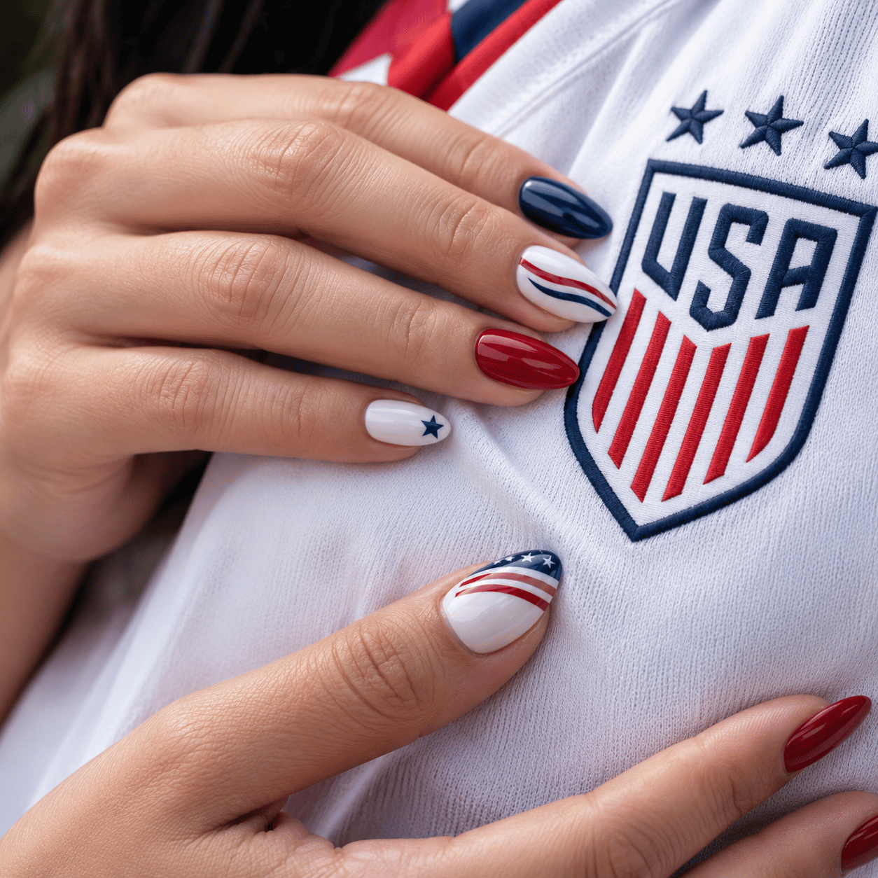 USA soccer spirit nails featuring red white and blue football fan nail art with patriotic stars, flag accents, and jersey-inspired manicure.