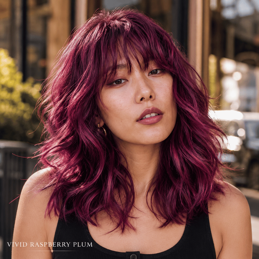 Woman with vivid raspberry plum hair color featuring bright violet and berry tones with dimensional shine and loose waves.