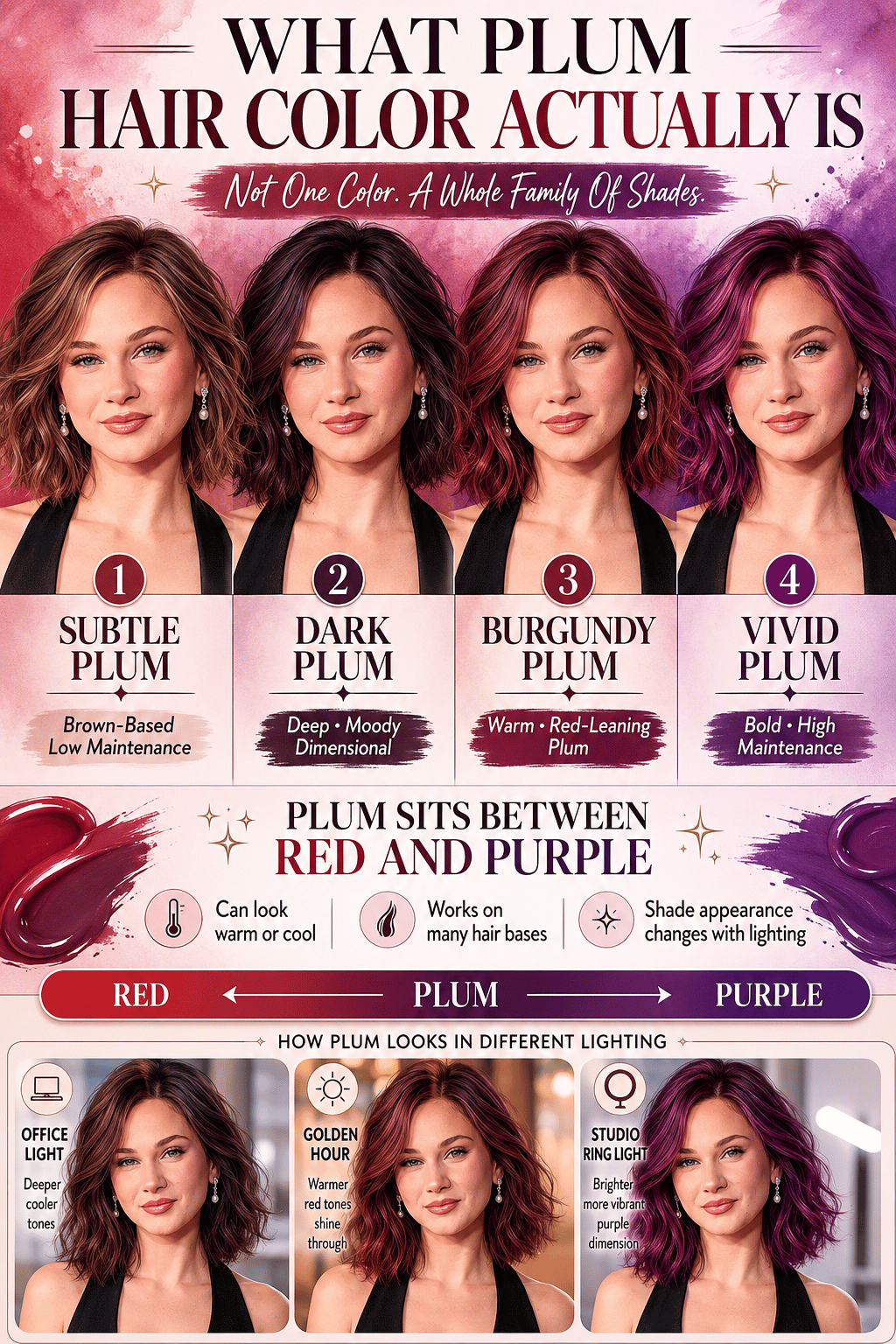 Infographic showing the different plum hair color shades from subtle plum brown and dark plum to burgundy plum and vivid raspberry plum with red and purple undertones.