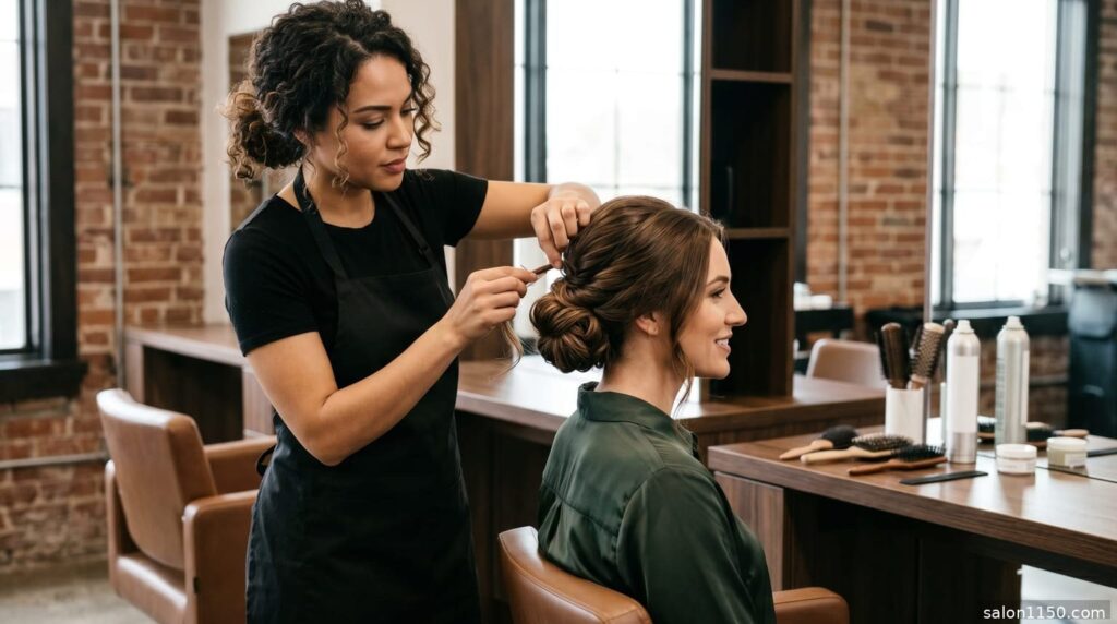 Stylist consulting with a client in a salon before a haircut