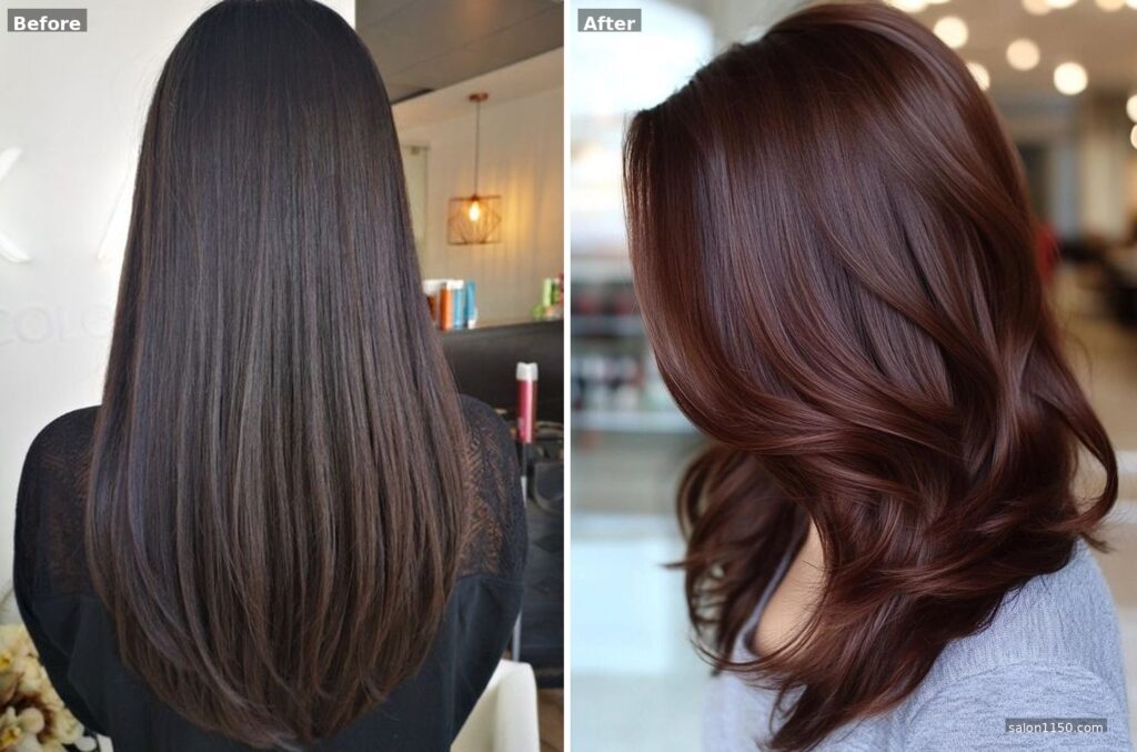 Before and after chocolate brown hair color transformation from black hair