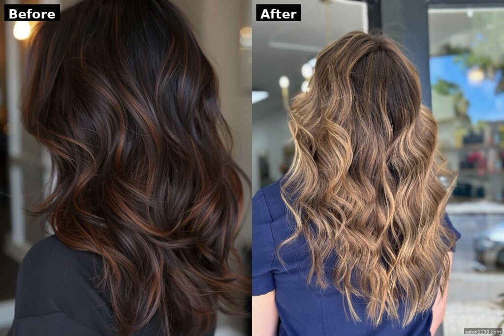 Before and after split-frame showing dark hair transformed to bronde hair color