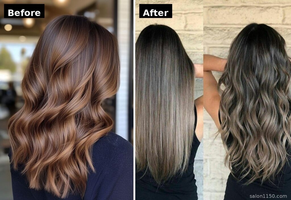 Before and after split-frame showing warm brown hair transformed to cool mushroom brown