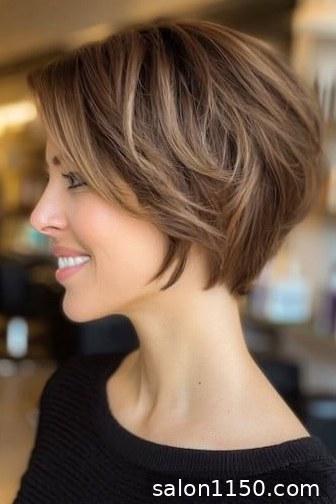 Classic bixie haircut with dimensional brunette layers in side profile