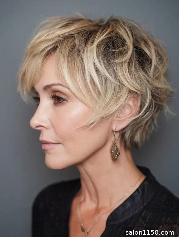 Textured bixie haircut giving fine hair volume and lift
