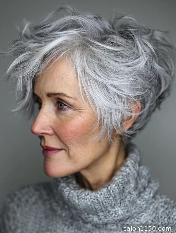 Elegant silver bixie haircut on a woman over 50