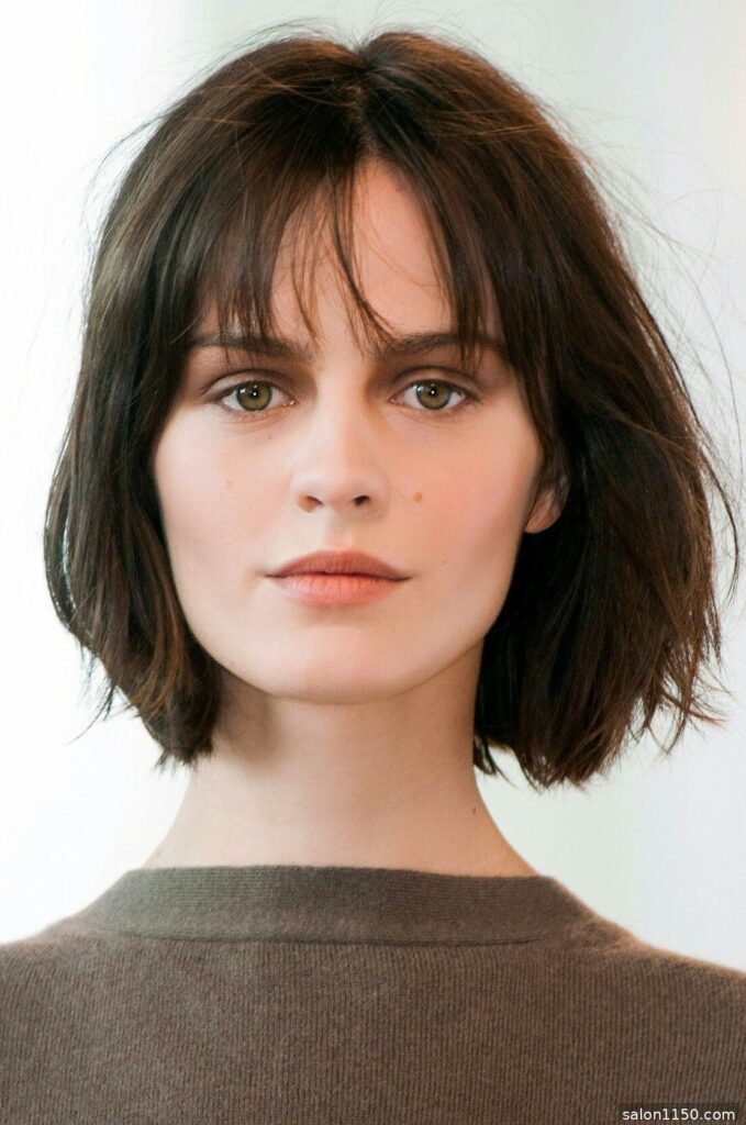 Chin-length bob with center-parted curtain bangs