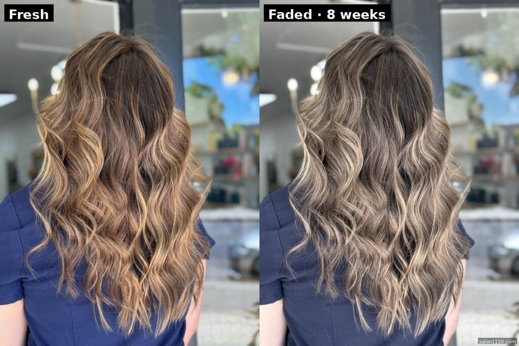 Split-frame comparison of fresh bronde hair color versus faded bronde after eight weeks