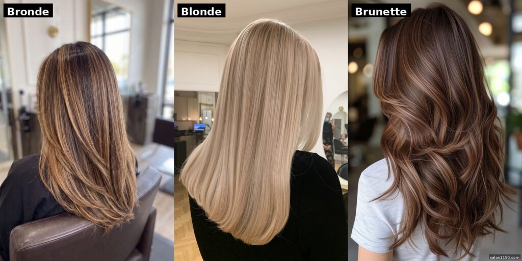 Comparison of bronde, blonde, and brunette hair color showing the difference between each