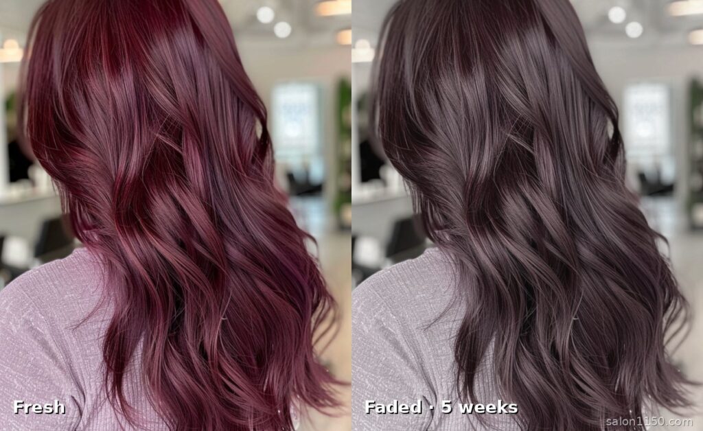 Split-frame comparison of fresh burgundy hair color at week one versus faded burgundy at week five
