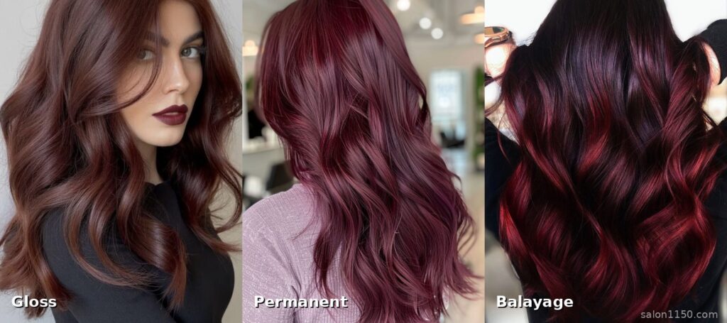 Comparison of burgundy hair color applied as a gloss, permanent dye, and balayage technique