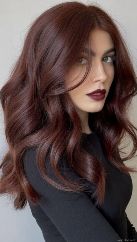Cherry cola burgundy hair color on a woman with warm skin undertones