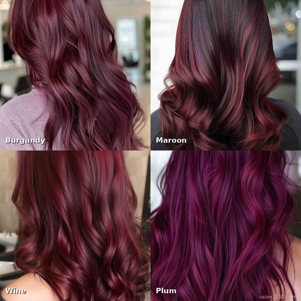 Comparison of burgundy, maroon, wine, and plum hair color shades showing the difference between each