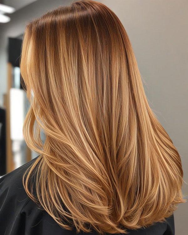 Caramel blonde balayage on long wavy hair