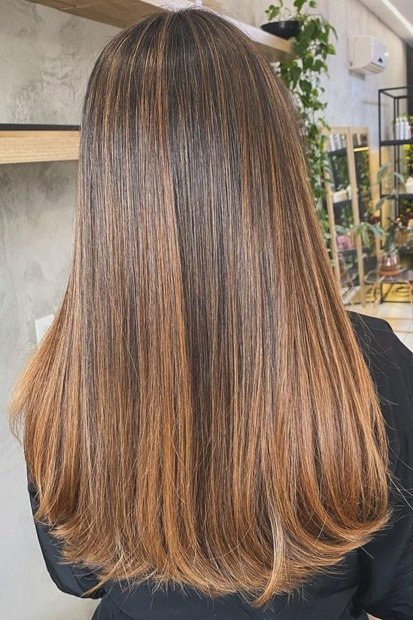 Classic caramel brown hair color on straight medium-length hair